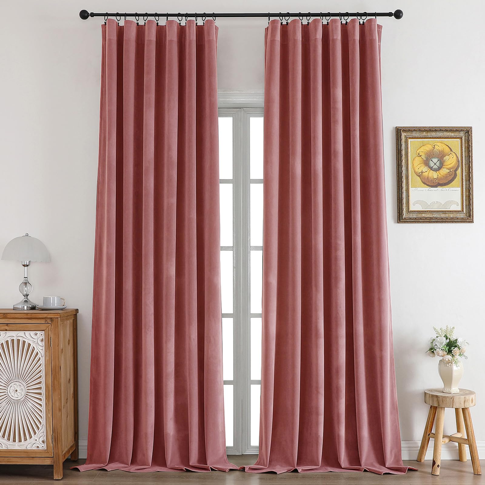 CUCRAF Dusty Rose Velvet Curtains 108 inches Long, Room Darkening Rod Pocket Blackout Curtain, Thermal Insulated Noise Reduction Window Drapes for Living Room Bedroom (52 x 108 Inch, 2 Panels)