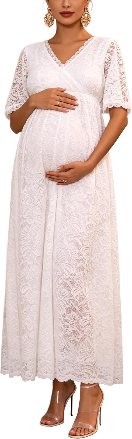 Maternity Lace Maxi Dress V-Neck Short Sleeve Elegant Floor-Length Gown for Pregnancy Photoshoot