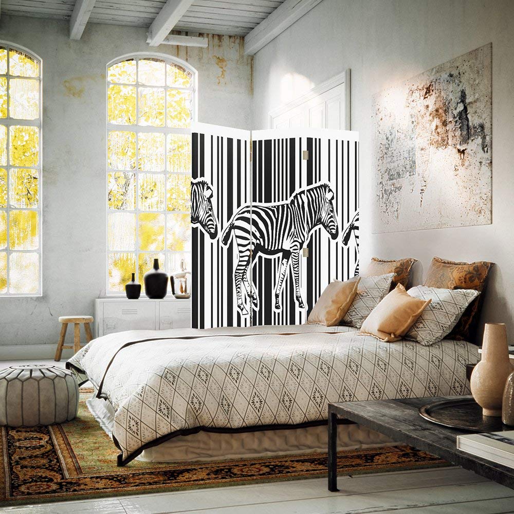 Paravent zèbre Cloison séparation 3 pans Noir et Blanc 110x180 cm