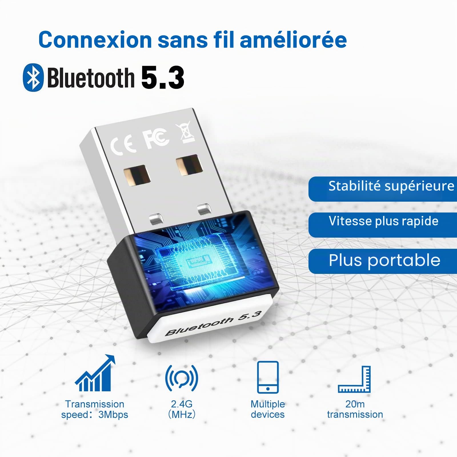 Dongle Bluetooth 5.3, Cle Bluetooth pour PC Faible Latence Compatible avec Windows 11/10/8.1/7, Supporte Casque, Souris, Manette, Clavier, Imprimantes, PC, Smartphone, Tablette USB