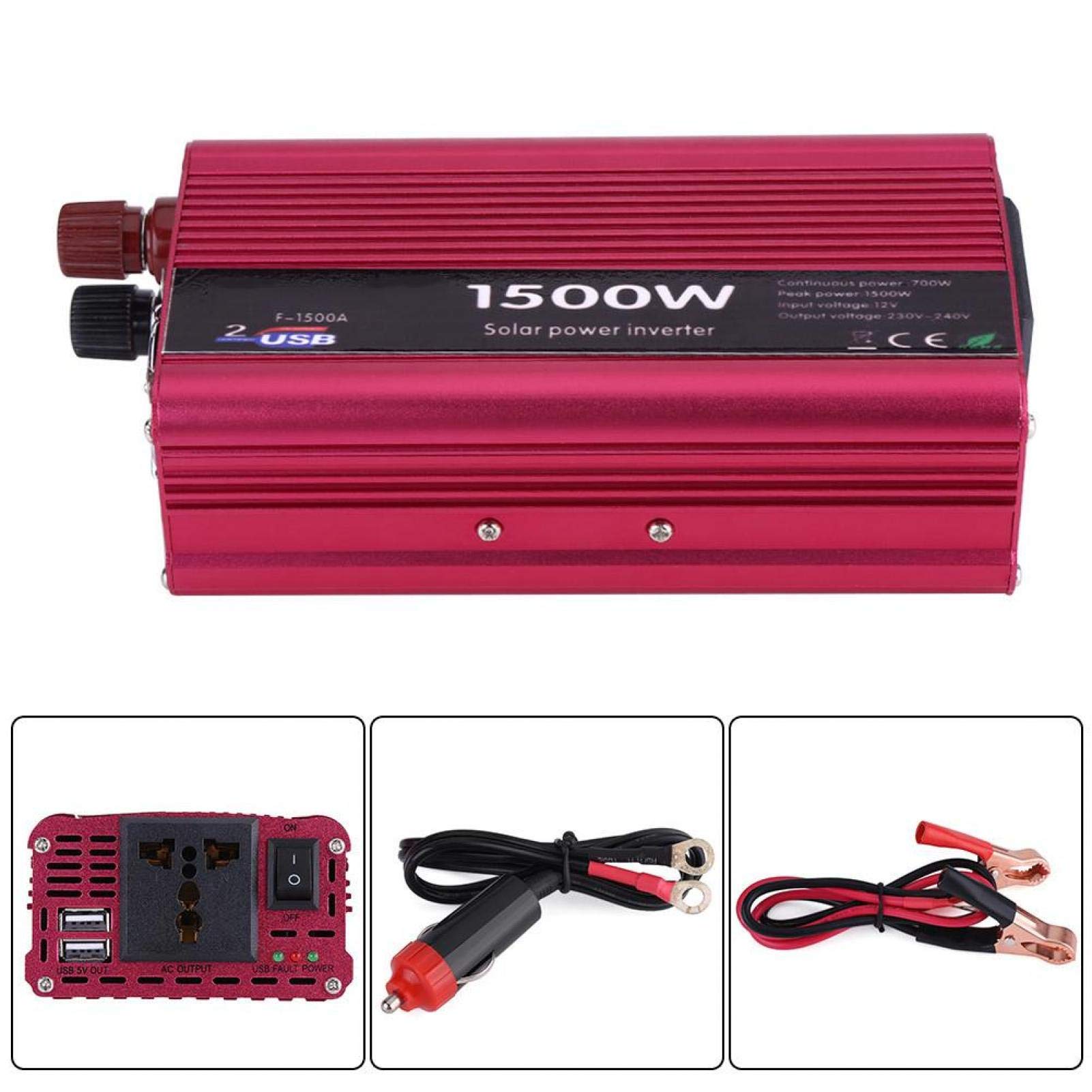 Zasilacz Samochodowy z Falownikiem, 1500W DC 12V na AC 230V Konwerter Samochodowy z Falownikiem Podwójny Adapter ładowarki USB Zapalniczka Samochodowa Zasilacz Samochodowy