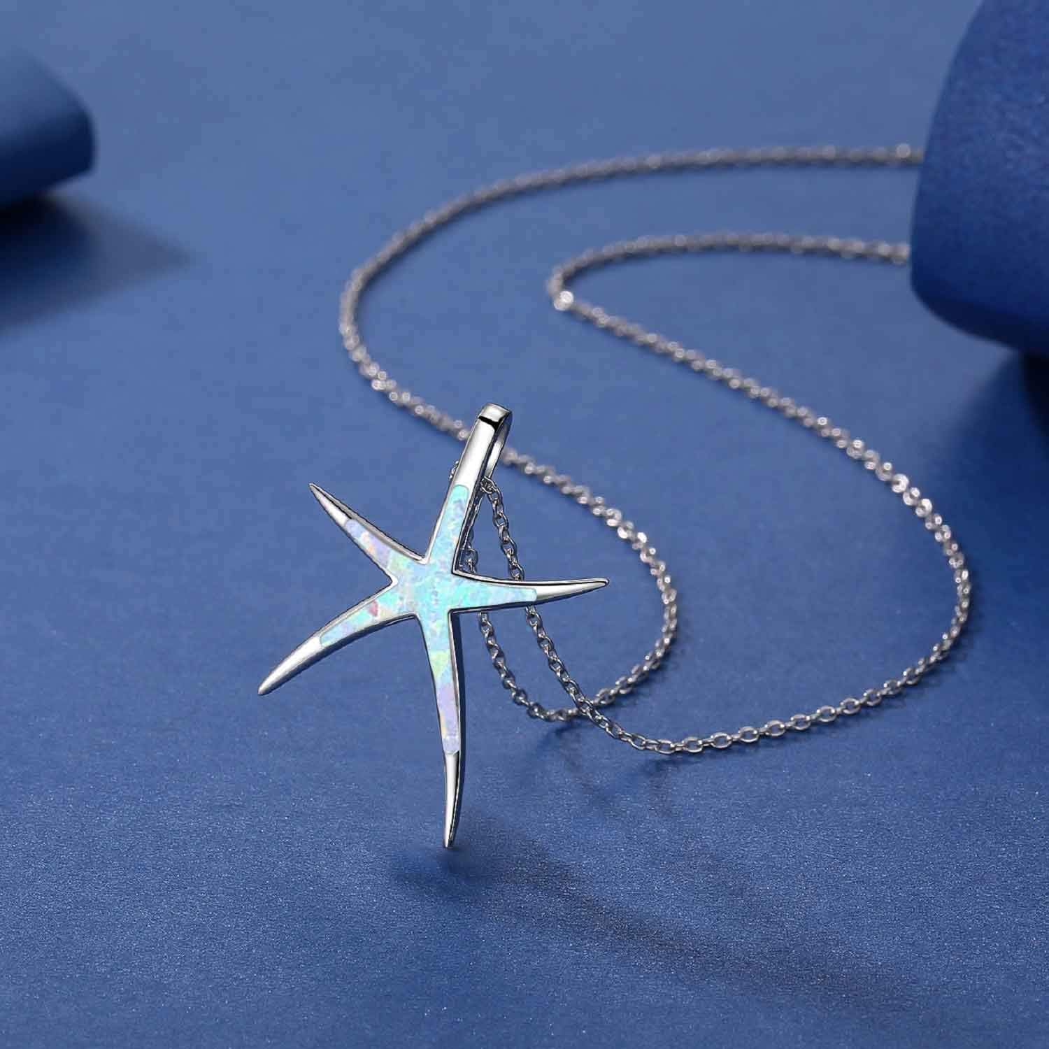 Cuoka Starfish Necklace, 925 Sterling Silver with Opal, Hawaiian Beach Nautical Ocean Pendant, Starfish Jewelry Opal Jewelry Valentine for Women Girlfriend - Image 4