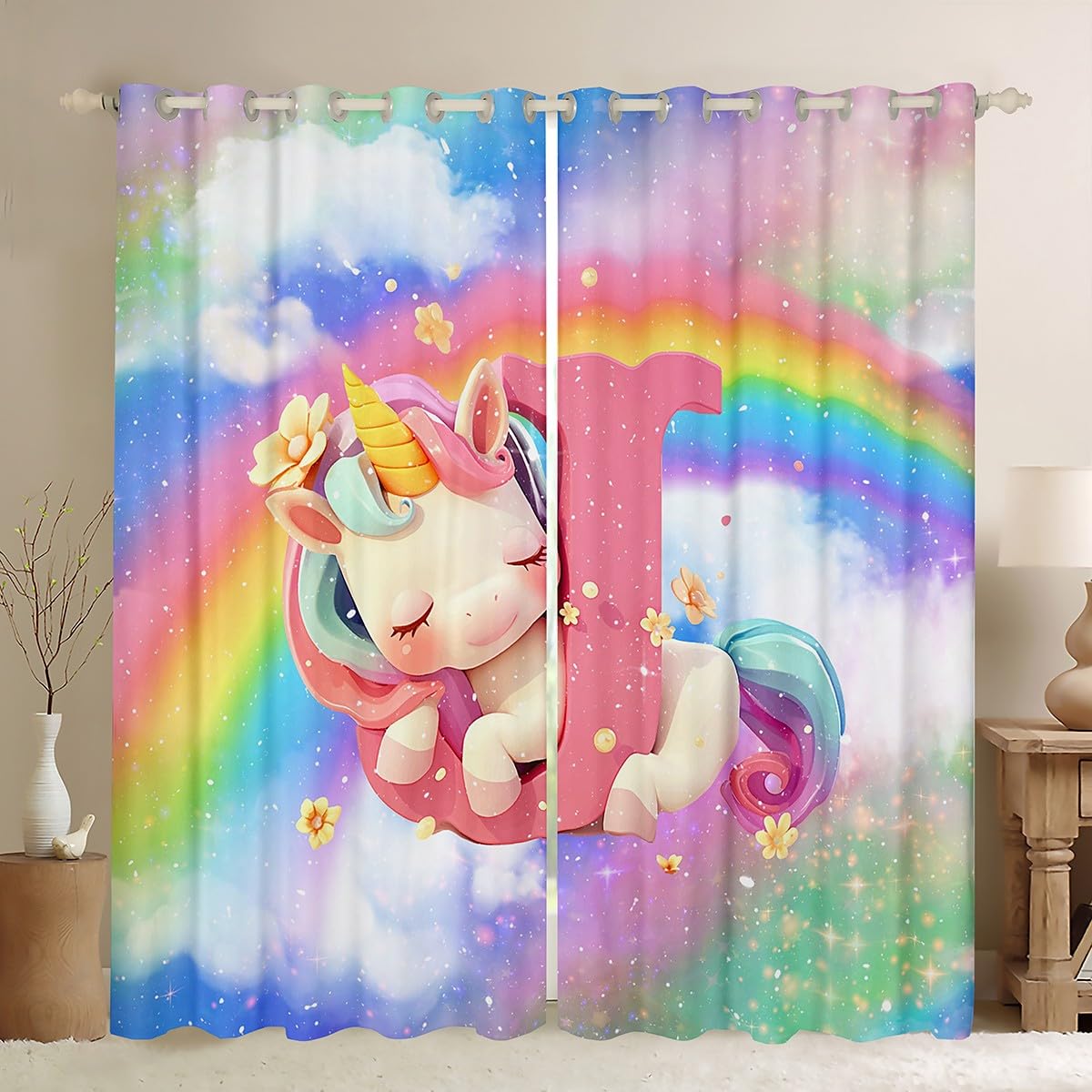 Rideaux licorne magique avec lettre initiale J pour chambre douillette