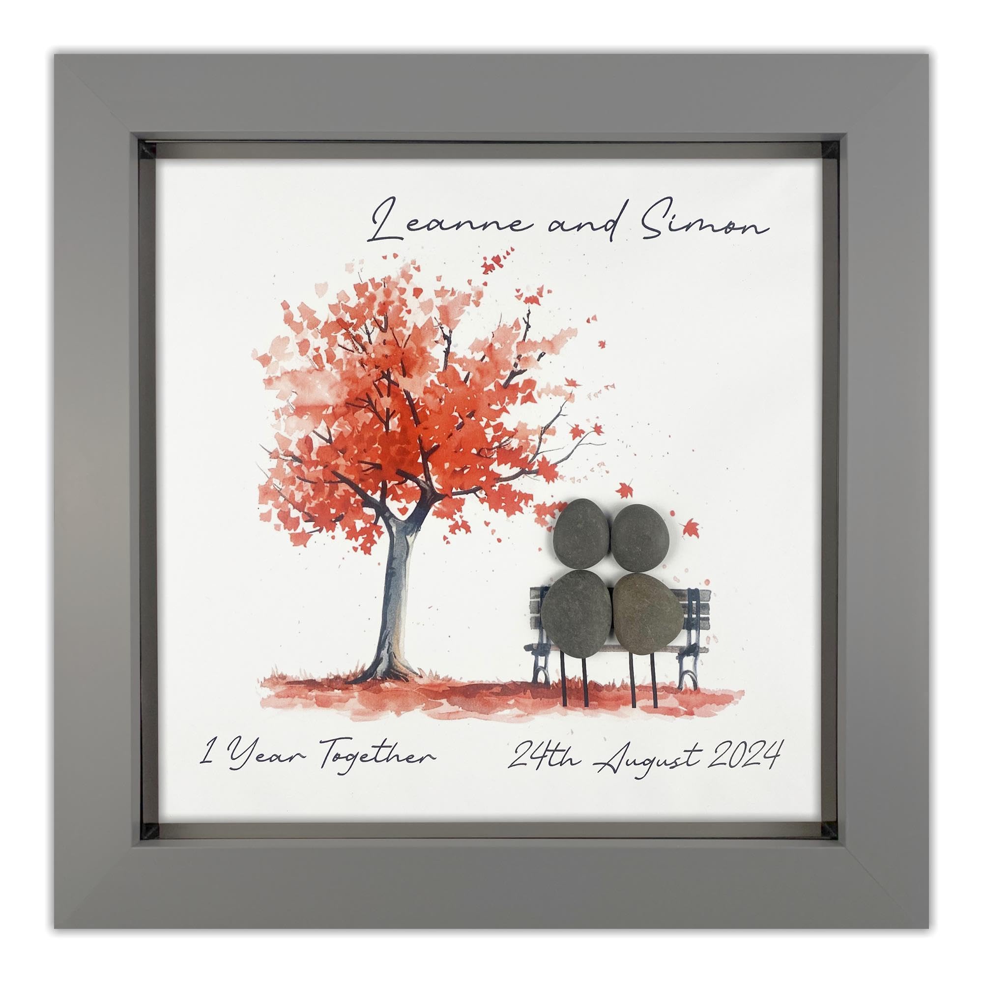 Handmade Personalised 1st Wedding Anniversary Pebble Art Gift, Paper Anniversary Pebble Picture Keepsake, Mr & Mrs Gift, Present for Couples (Grey Frame)