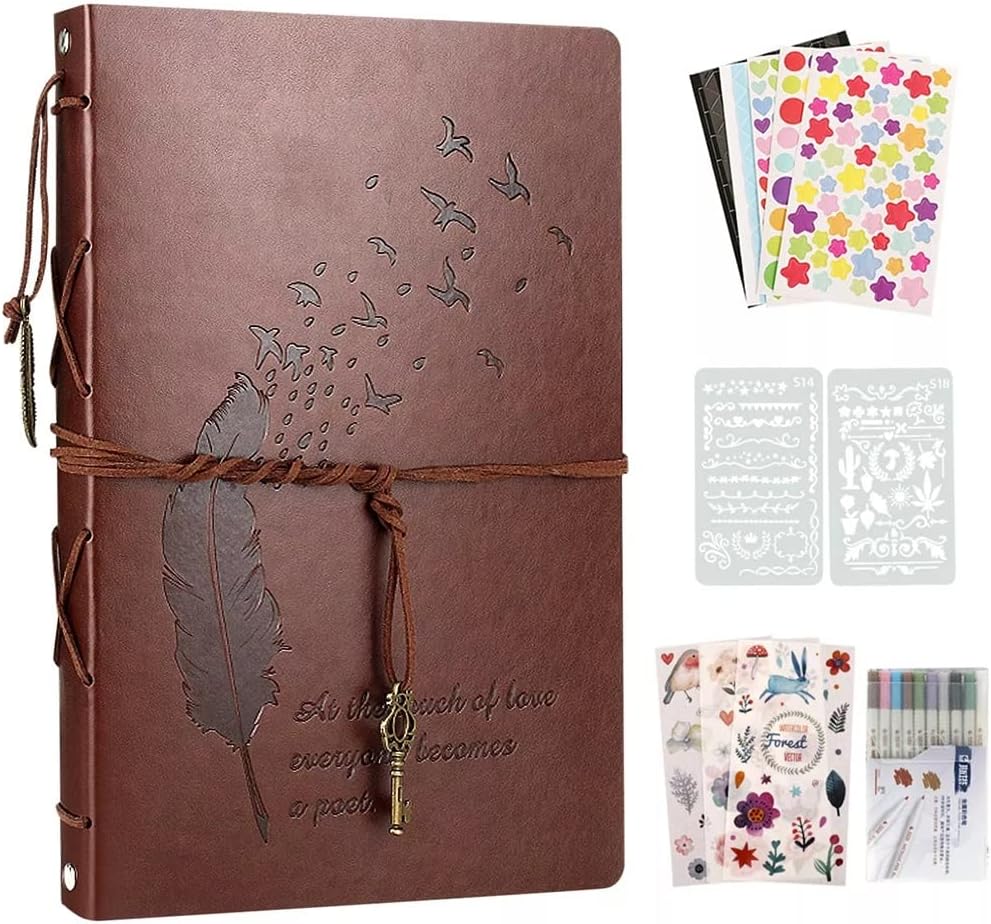 JSEIAJB Photo Album Scrapbook 60 Black Pages Refillable Leather Scrap Book Memory Books Guestbooks DIY Kits(E)