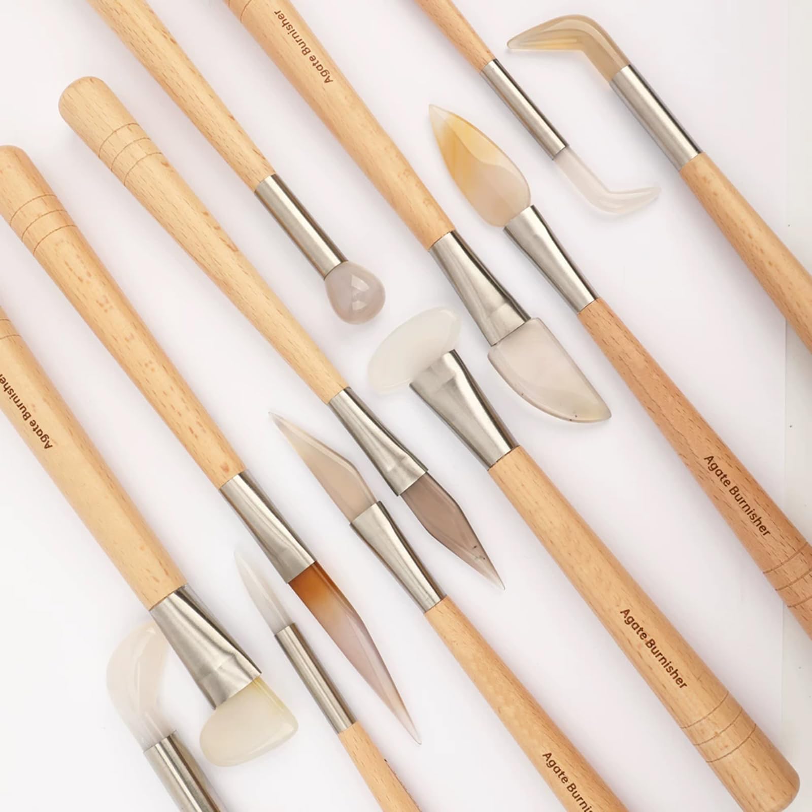 Set Professionale di 12 Pezzi per La Creazione di Gioielli con Brunitura in Agata, Manico in Legno, Teste Abrasive Piatte, Angolate E Rotonde, per Brunitura di Foglia Doro