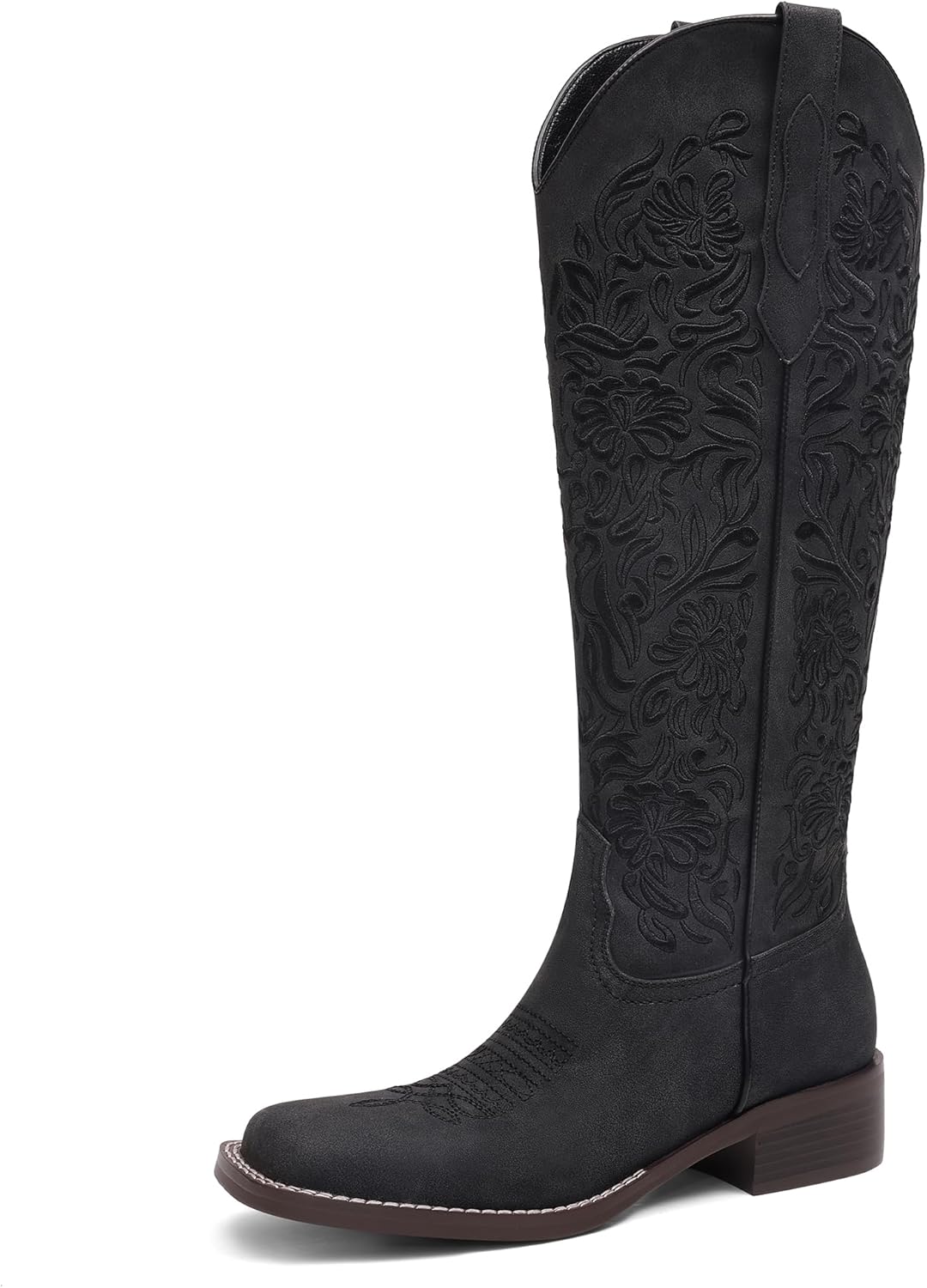Women's Embroidered Cowboy Boots Knee High Cowgirl Riding Boots Low Block Heel Comfortable Pull On Western Square Toe Tall Boots