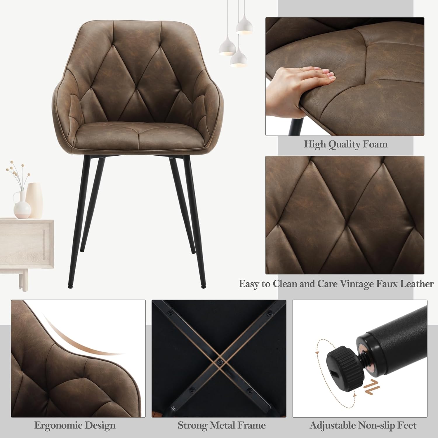 WOLTU Dining Chair Kitchen Chair Upholstered Living Room Chairs with Backrest, Armrests, Metal Legs, Ergonomic Chairs for Lounge, Office, Dressing Table, Faux Leather, Dark Brown - Image 5