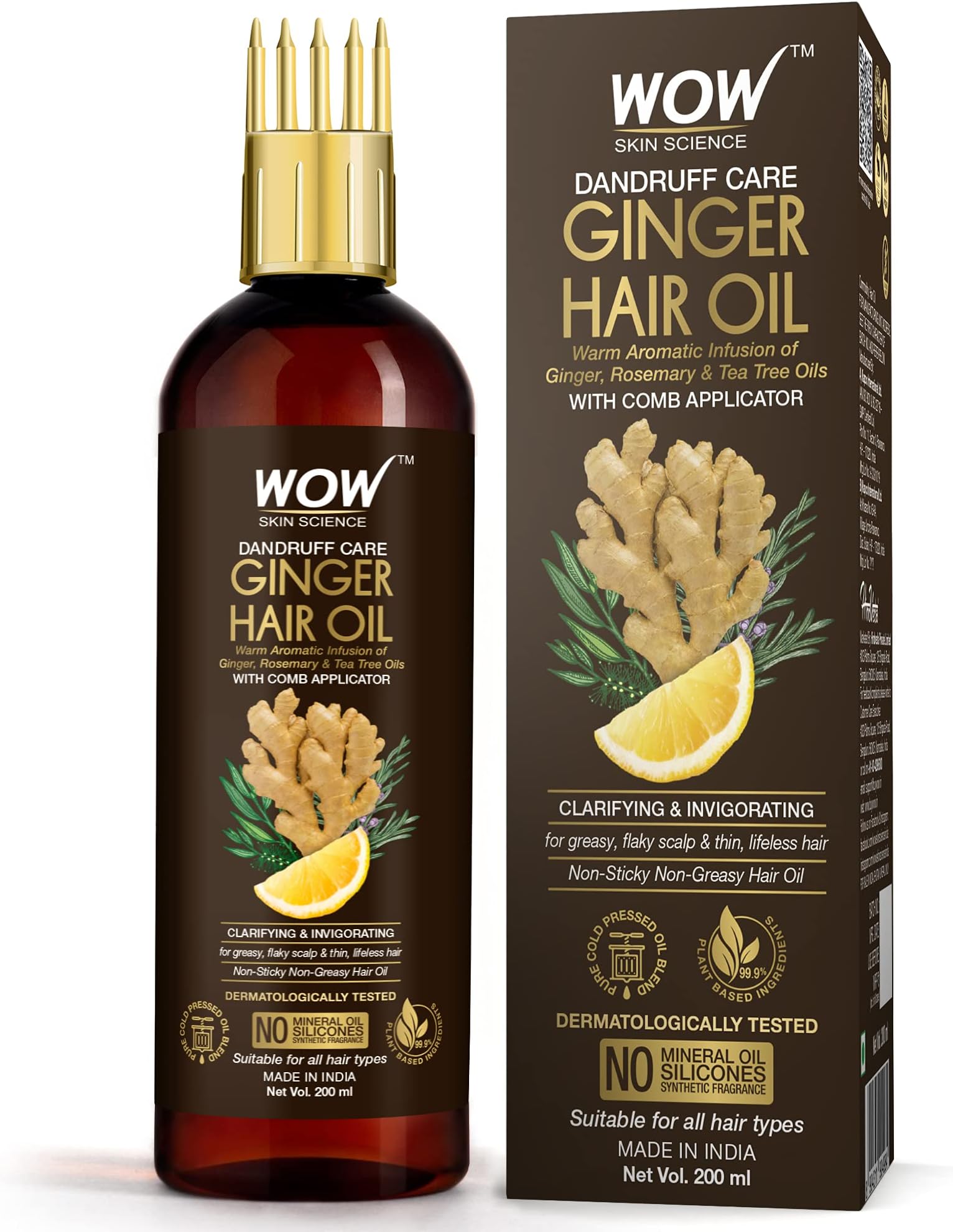 WOW Skin ScienceGinger Hair Oil - for Dandruff Care - with Comb Applicator - for All Hair Types - Non-Sticky & Non-Greasy Hair Oil - No Mineral Oil, Silicones, Synthetic Fragrance - 200mL