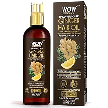 WOW Skin Science Ginger Hair Oil - for Dandruff Care - with Comb Applicator - for All Hair Types - Non-Sticky & Non-Greasy Hair Oil - No Mineral Oil, Silicones, Synthetic Fragrance - 200mL