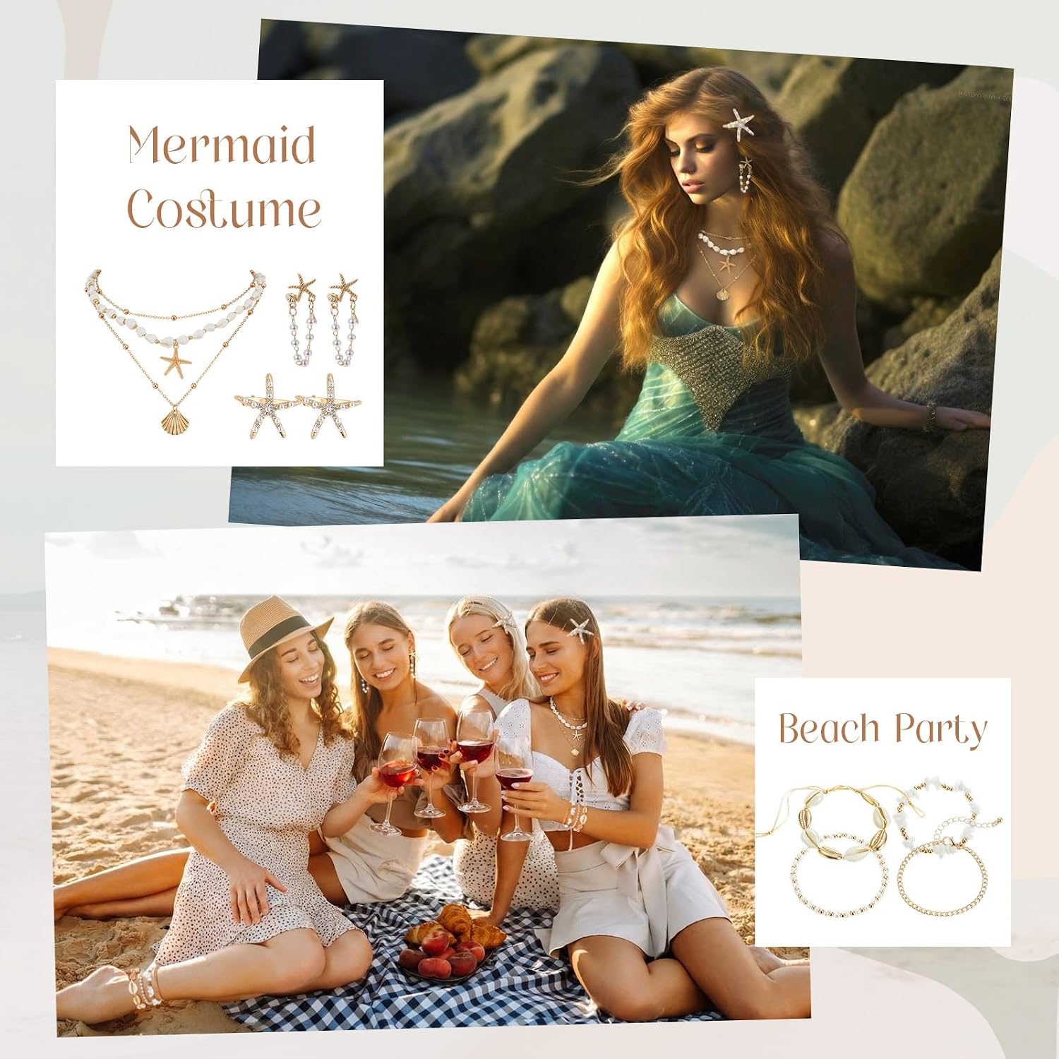 Tondiamo 11 Pcs Mermaid Jewelry Accessories for Women with Seashell Starfish Necklace Earrings Ankle Bracelet Hair Clips Set