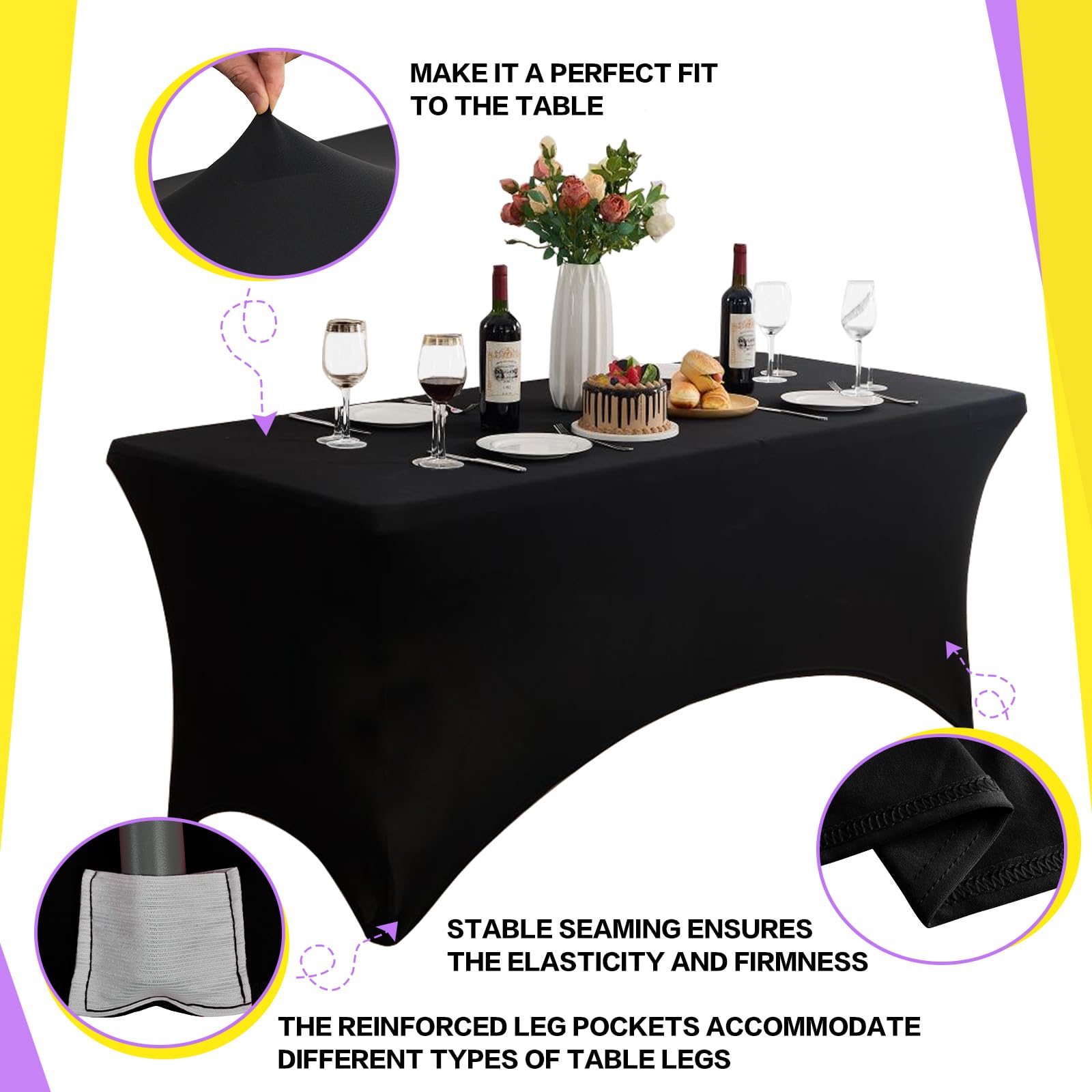 Paquete de 4 manteles rectangulares de elastano ajustables para mesa rectangular, de 6 pies, color negro para cumpleaños, cócteles, banquetes, fiestas al aire libre