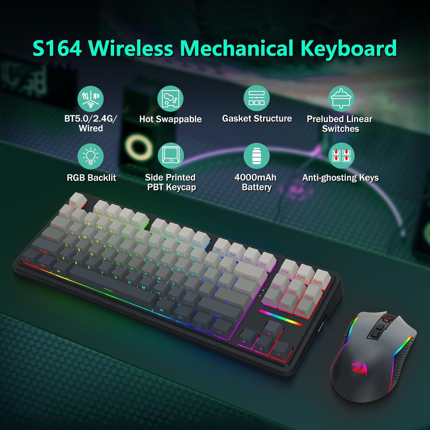 Redragon Wireless Mechanical Keyboard and Mouse Combo, Bluetooth/2.4Ghz/USB-C Wired, RGB Backlit, TKL Creamy Gaming Keyboard with Hot Swappable Linear Switches + 12400 DPI Gamer Mouse
