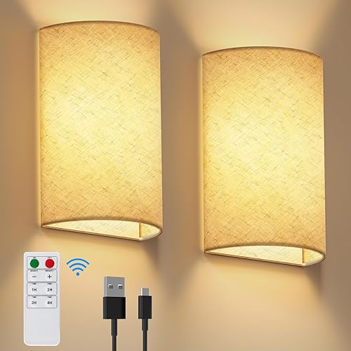 YTO Apliques de pared a pilas con control remoto, luces de pared inalámbricas recargables LED regulables, juego de 2 lámparas de pared para