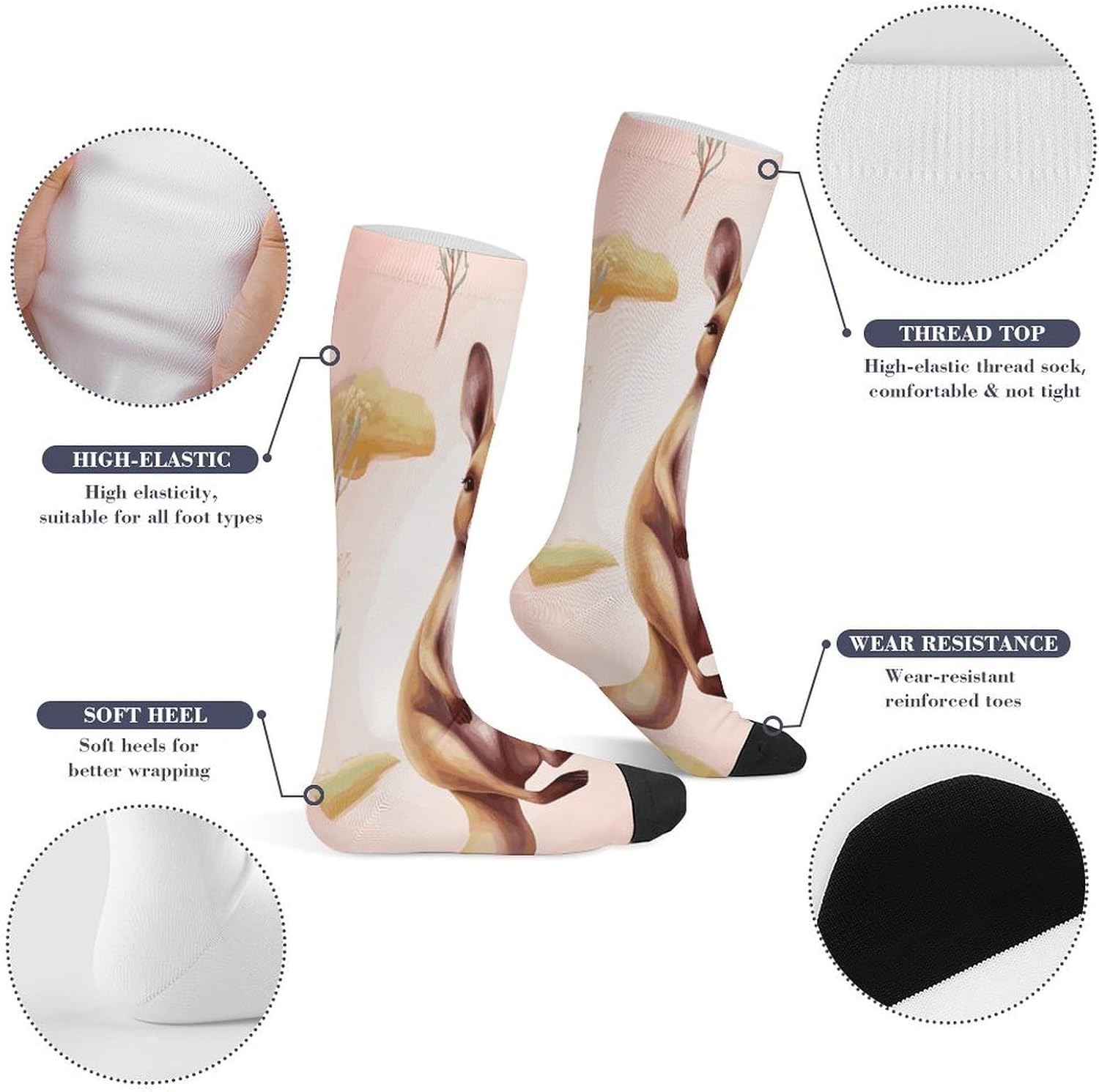 Funny Cartoon Kangaroo Zoo Compression Socks for Man Women Breathable Knee High Tube Socks Baseball Football Sock Over The Calf Sock Circulation Support for Running Travel Athletic Daily Wear