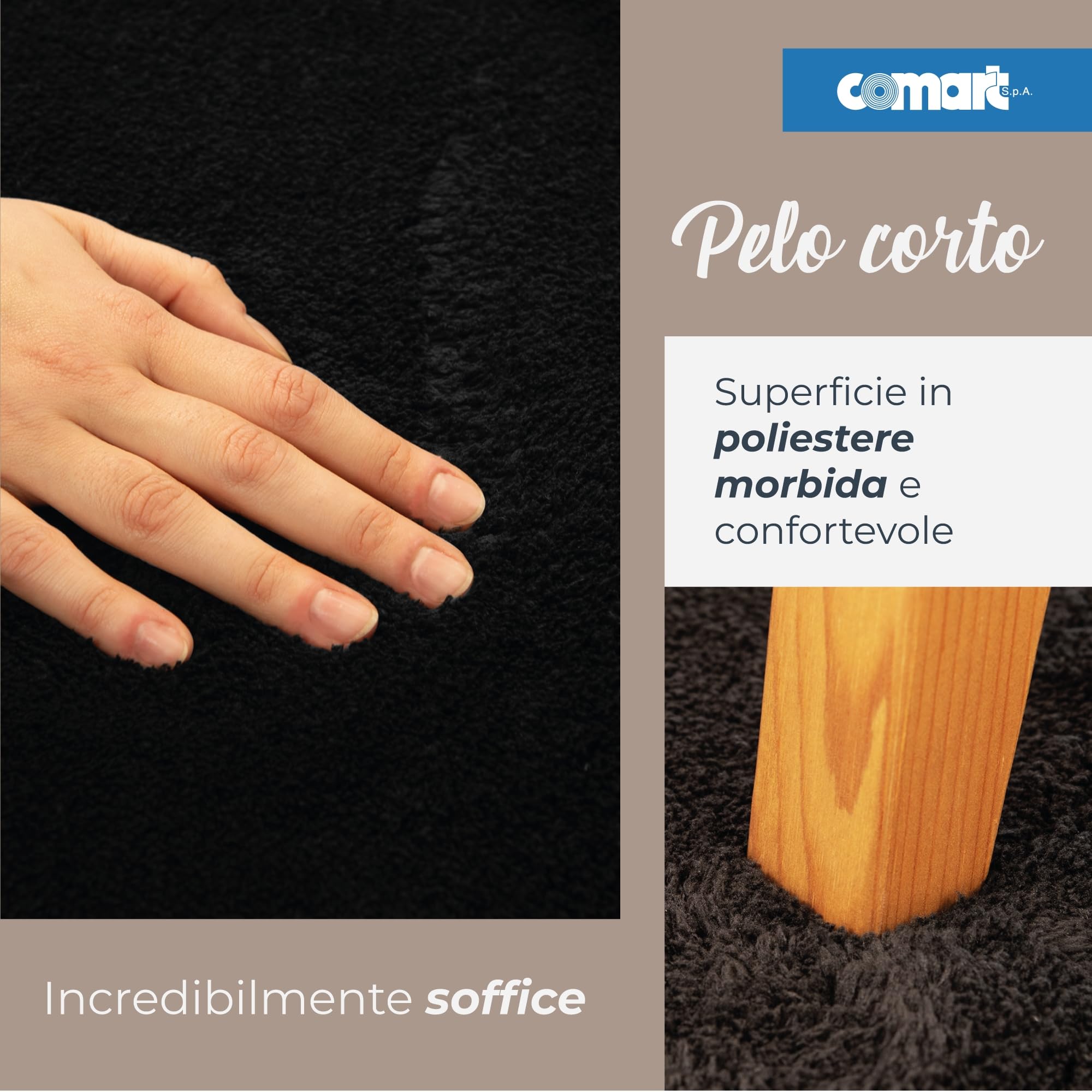 Comart - Tappeto Arredo Puffy - Design Moderno - Lavabile in Lavatrice - Fondo Antiscivolo - Super Morbido - Pelo Corto - Tappeto per Salotto e Camera da Letto - Nero - Rettangolare 50x90 cm