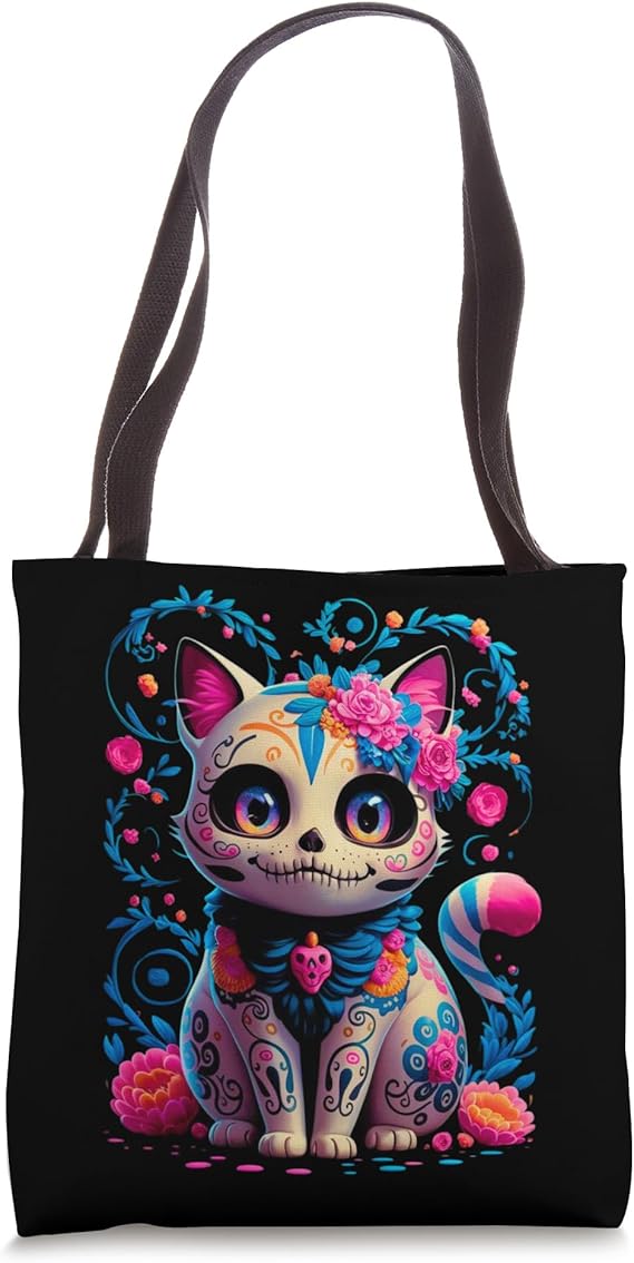 Day Of The Dead Dia De Los Muertos Cat Sugar Skull Halloween Tote Bag