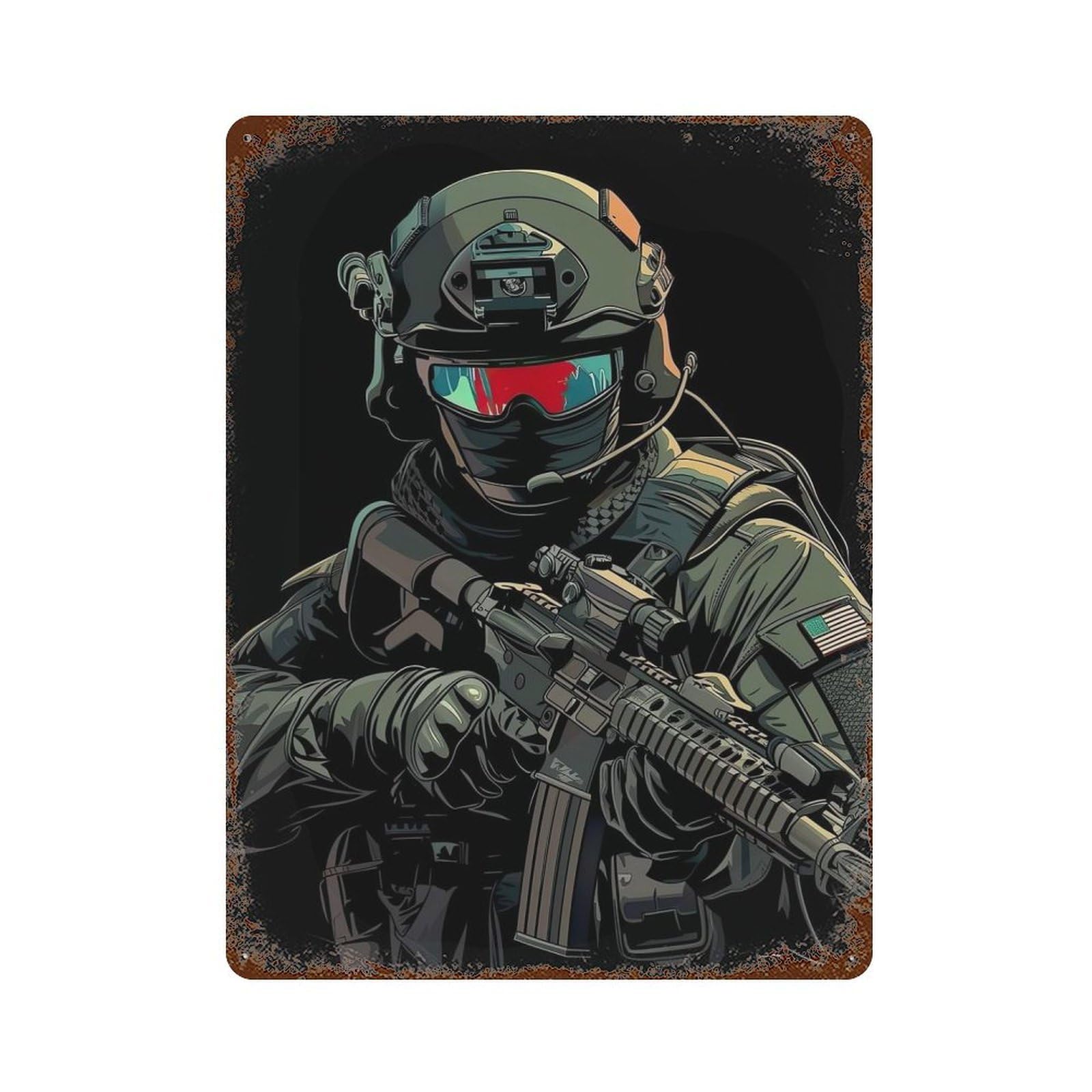 American Soldier with Rifle 15.7"x11.8" Rust Effect Tin Sign, Vintage Wall Decor for Farmhouse, Kitchen And Entryway Decor