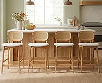 Shunzhi Rattan Counter Height Bar Stools Set of 4 - Farmhouse Boho Cane Back Upholstered Cream Kitchen Island Chairs, 26"
