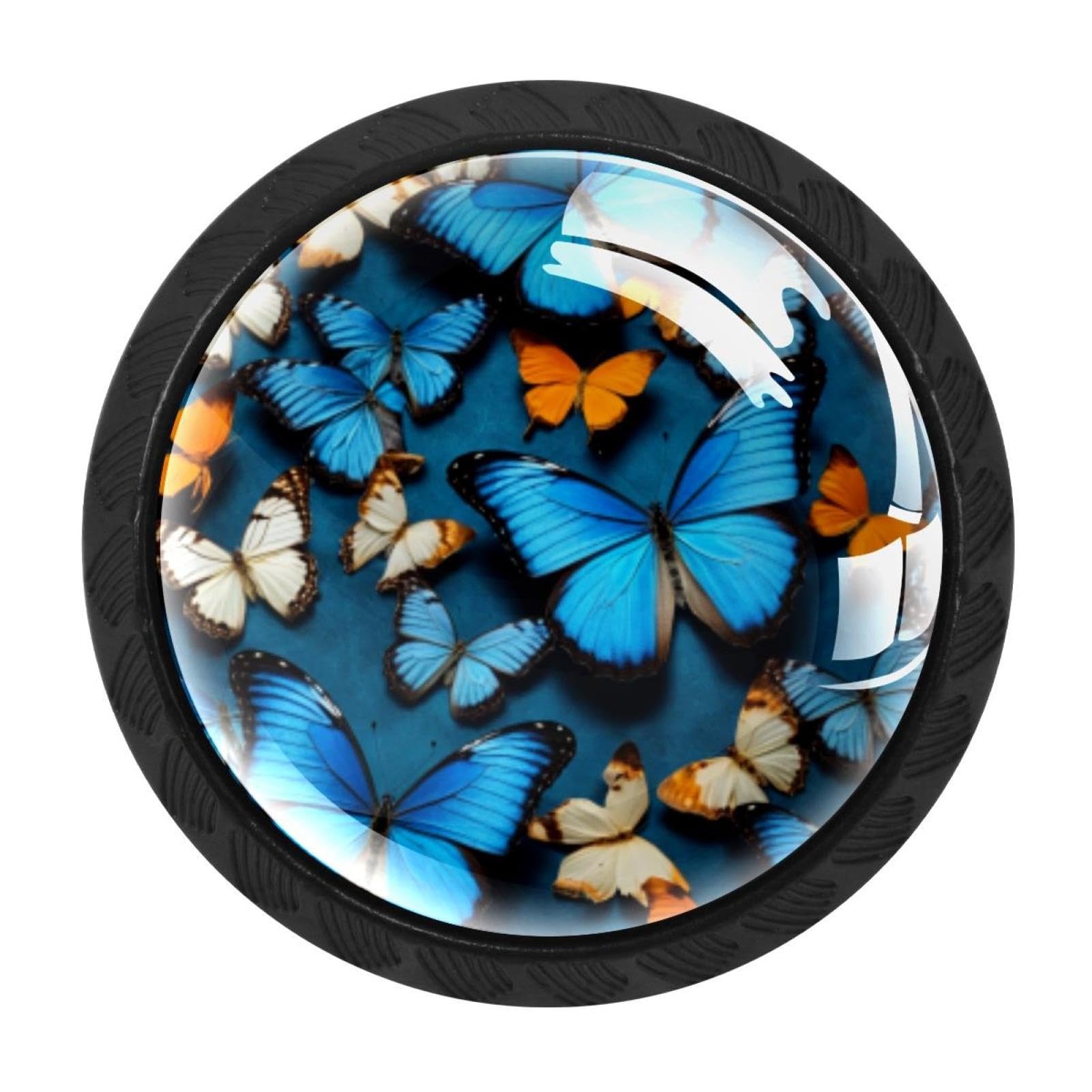 CHENZZZZ 4 Pack Black Blue Butterfly Pattern (1) Drawer Knobs, Cabinet Knobs Round Glass Knobs for Kitchen Cabinet Hardware Bathroom 35MM