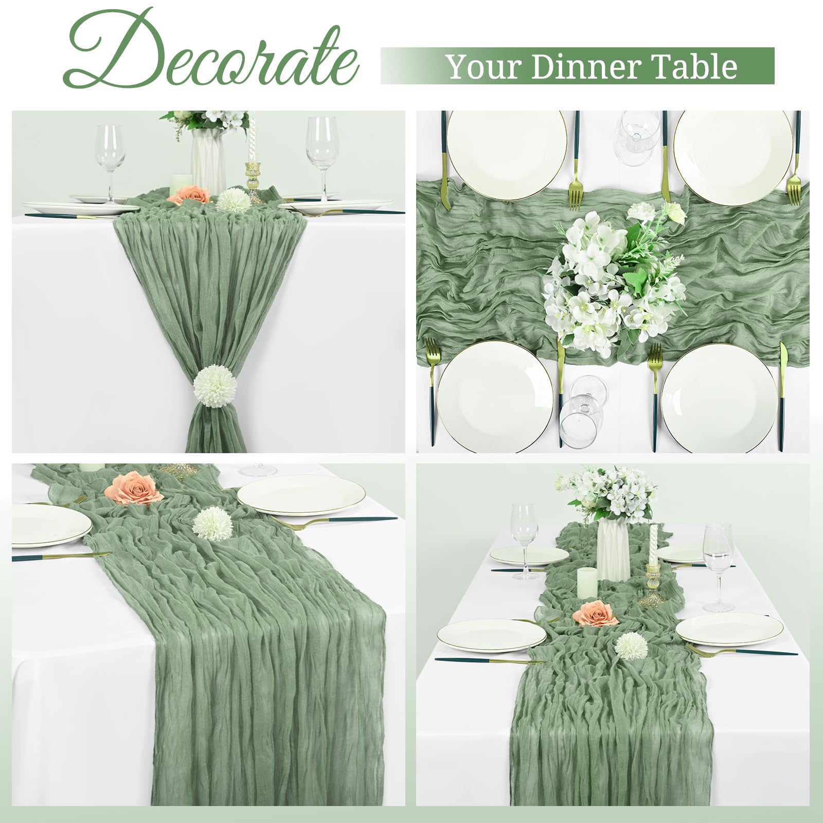 Confezione da 6 runner da tavola in garza verde salvia, 3,5 m garza boho 51 × 300 cm rustico romantico lungo per festa di nozze addio al nubilato Ringraziamento decorazione natalizia
