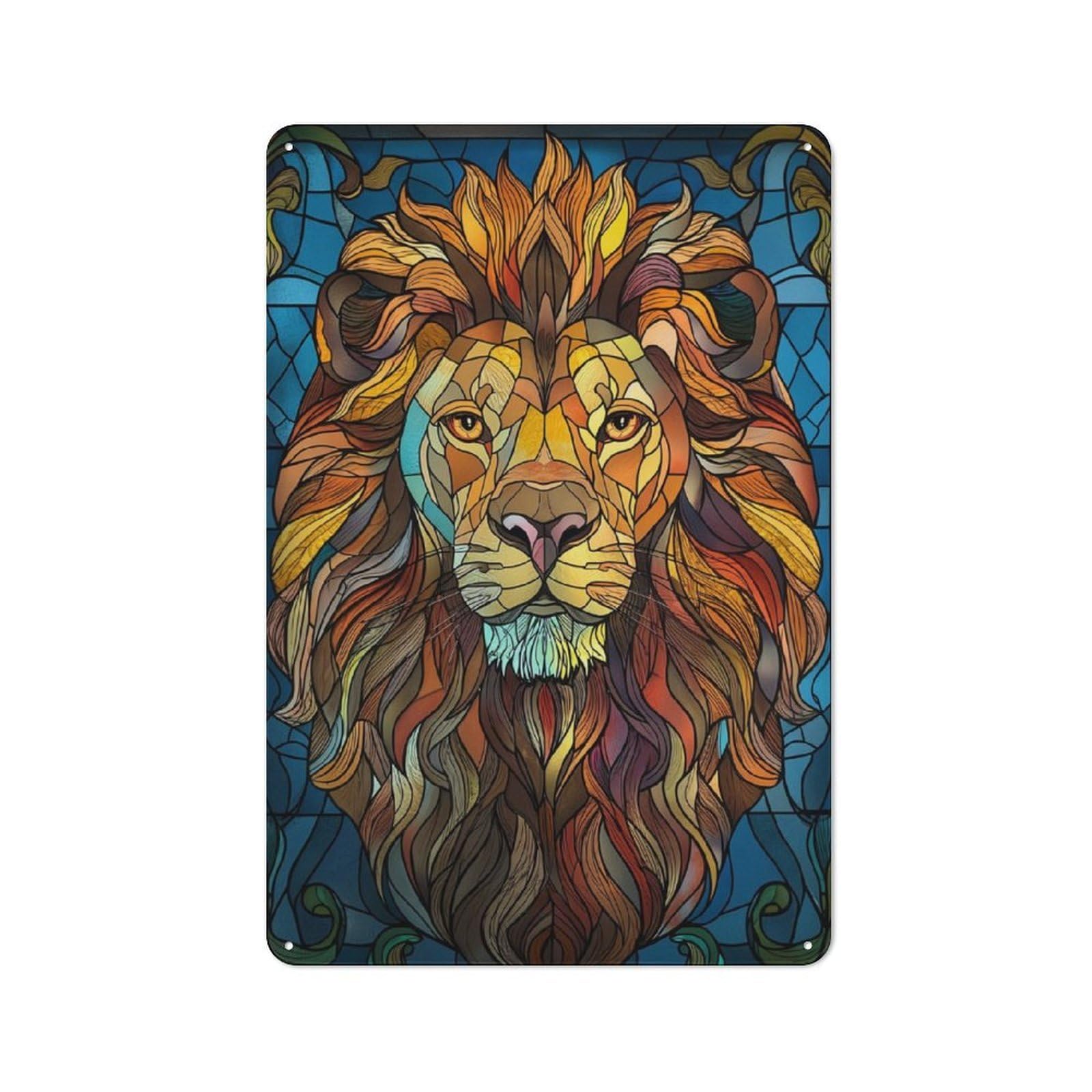 Junmoney Lion Head Stained Glass Tin Wall Plaque 30X20cm With For Guest Room Or Hallway, For Home Office, Studio And Craft Room Walls