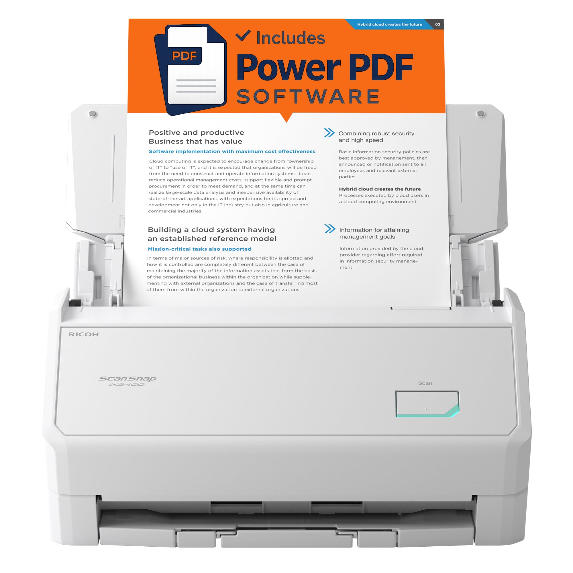 ScanSnap iX2400 A4 Document Scanner (White) – Incluye software PDF de tungsteno – 45 ppm dúplex, alimentador automático de documentos, USB 3.2, Wi-Fi y Bluetooth, escáner de oficina de alta resolución