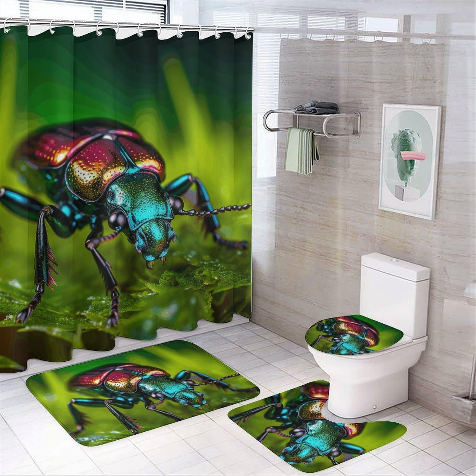Tapis en polaire corail confortable et rideau de douche Black Beetle pour une salle de bain cocooning