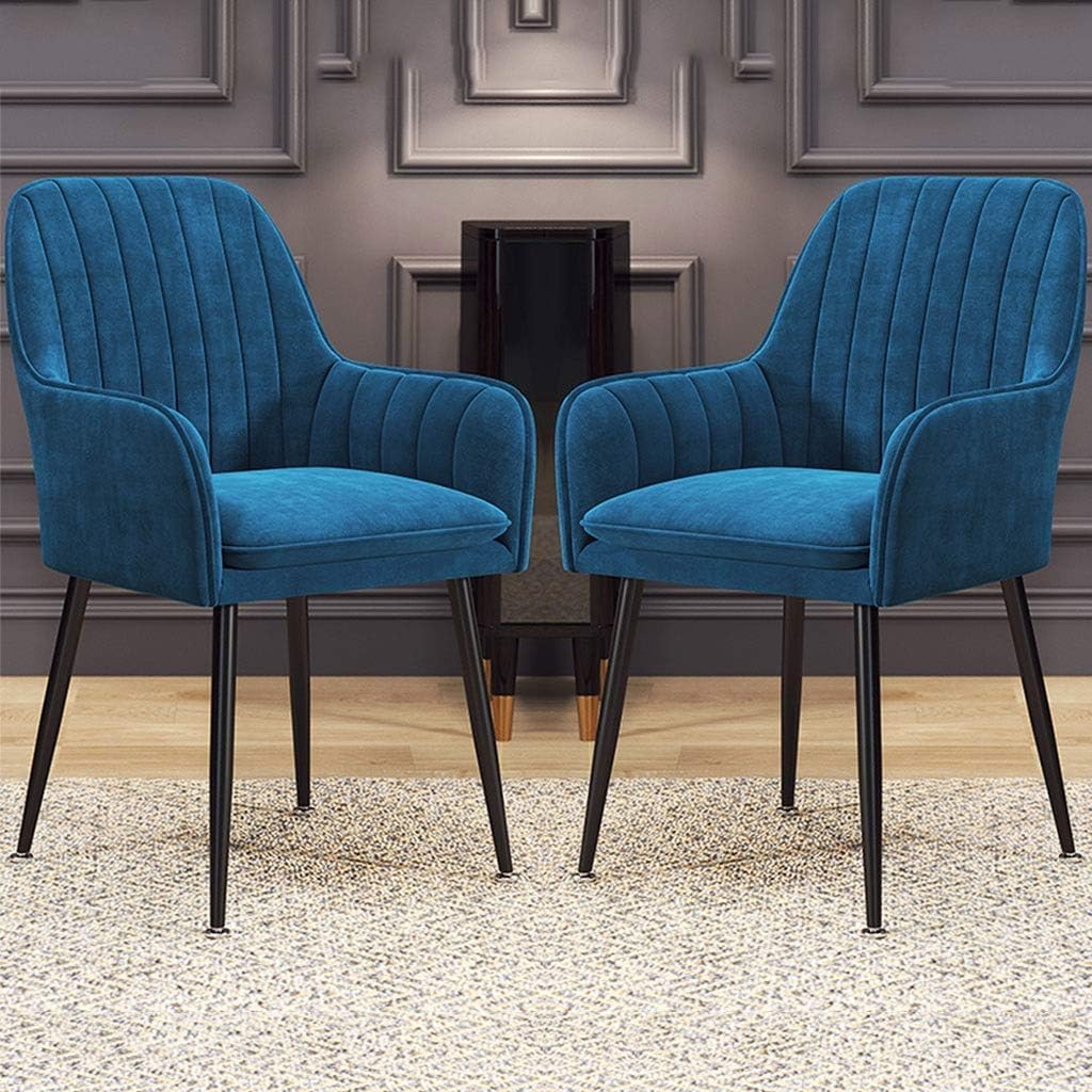 Chaise de salle à manger rétro velours bleu fauteuil de cuisine avec dossier et accoudoirs pieds métal
