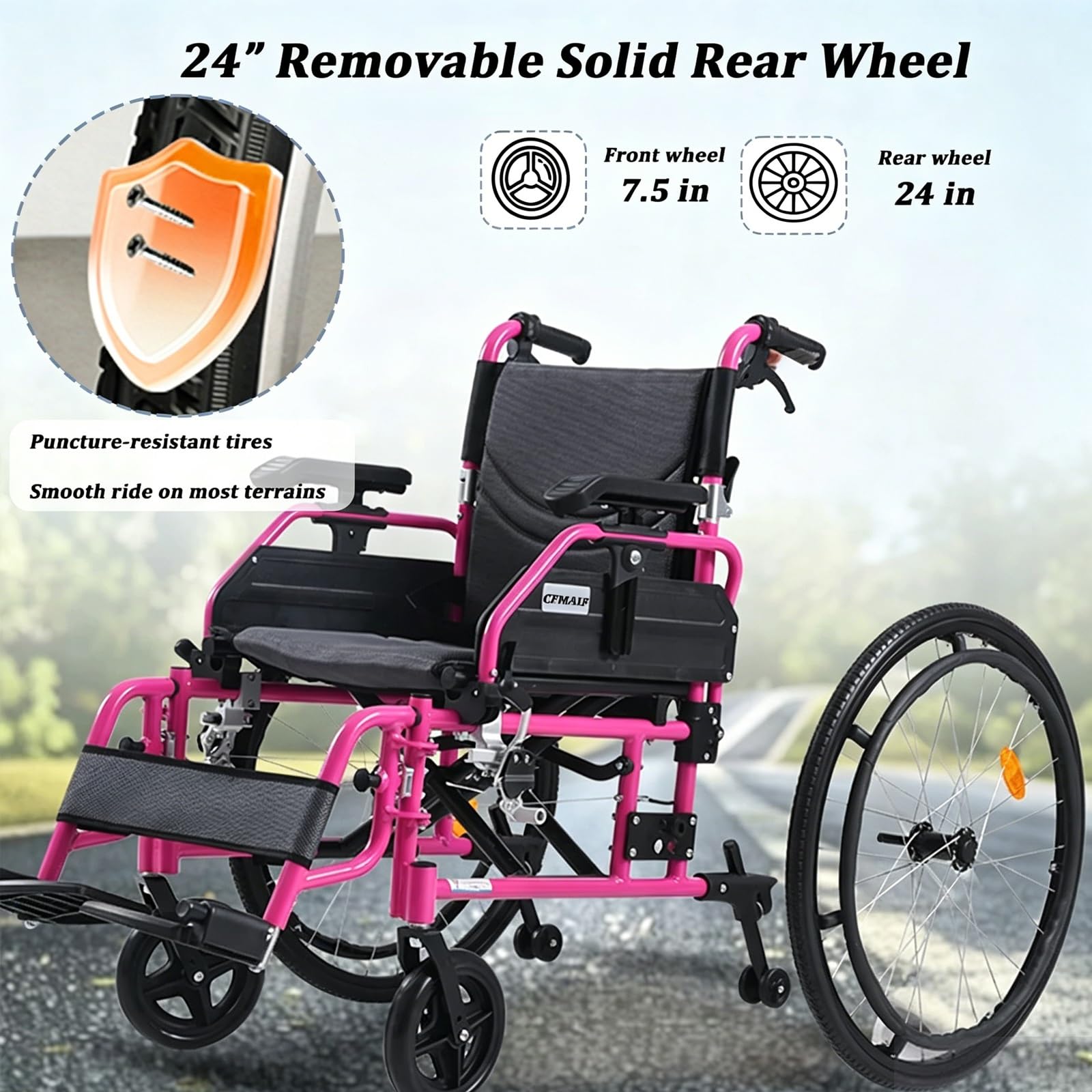 Sedia a rotelle pieghevole, Alluminio, Due sistemi frenanti, Pedane pieghevoli e rimovibili, Sedile 48 cm,Ruote piene(Pink)