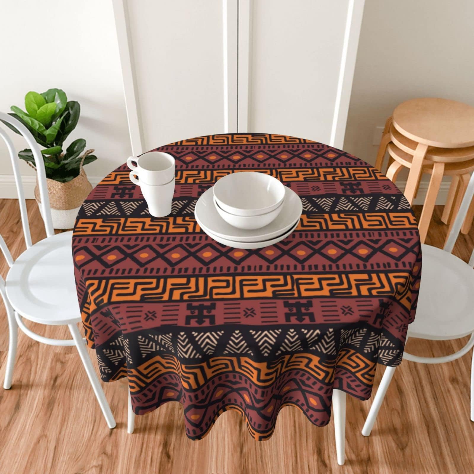 Round Tablecloth 60 Inch, African Mudcloth Tribal Print Tablecloth Geometric Pattern Table Cloth Washable Wipeable Polyester Fabric Table Cover for Farmhouse Holiday Outdoor Picnic Kitchen Decor Brown