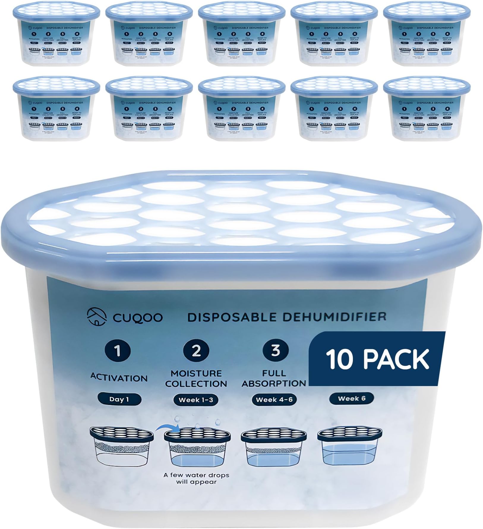 CUQOO Disposable Dehumidifier for Home 500ml, Pack of 10 Moisture Absorber Dehumidifiers for Damp, Mould, Kitchen, Wardrobe, Bedroom, Caravan, Office, Garage, Bathroom - Mini Condensation Absorbers