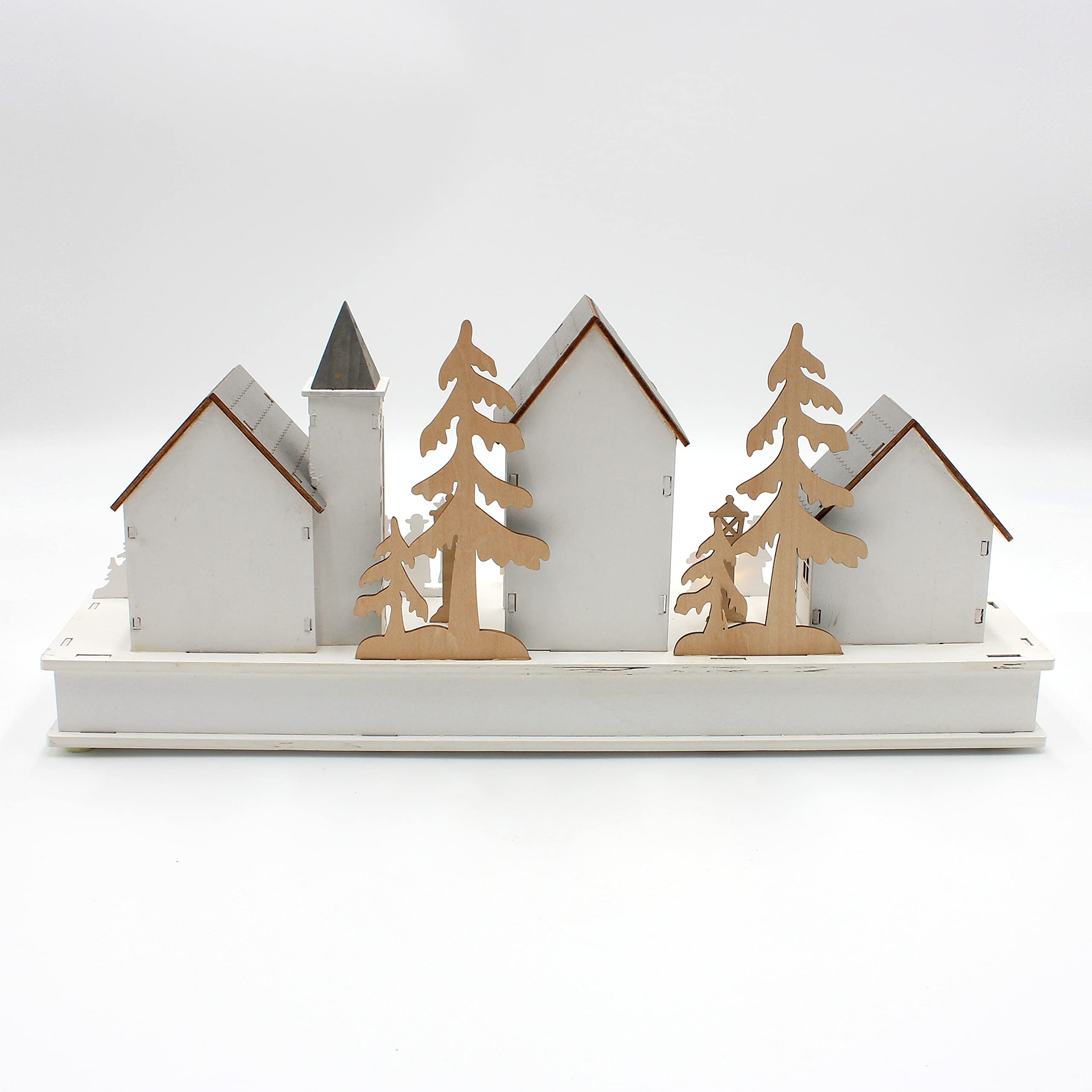 Dekohelden24 Winterszene aus Holz mit LED, Weiß mit Grau und Grün, Größe L/B/H 12 x 44 x 19 cm