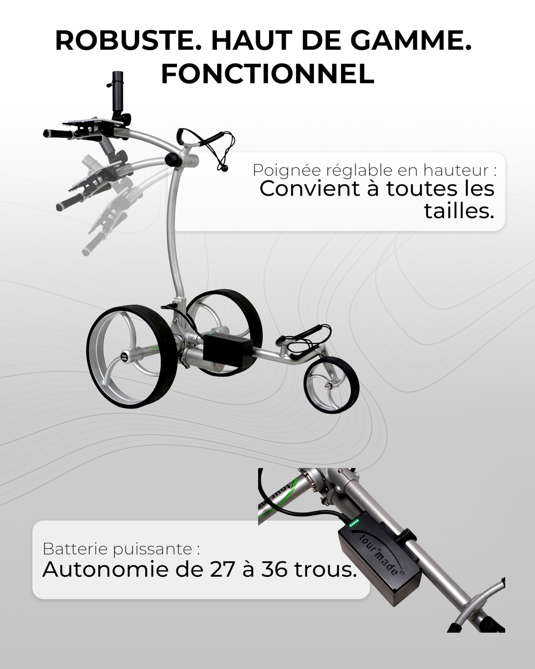tour-made RT-610S Chariot de Golf électrique I Frein de Descente I Nombreux Accessoires I Batterie au Lithium 27-36 Trous I Chariot 3 Roues Pliable I Qualité Allemande