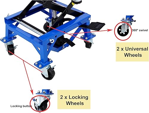 Miniatura 5 de Gato hidráulico de tijera para motocicleta de 300 libras, escalón de pie con 4 ruedas para motocicletas de cross pequeñas, soporte de gato