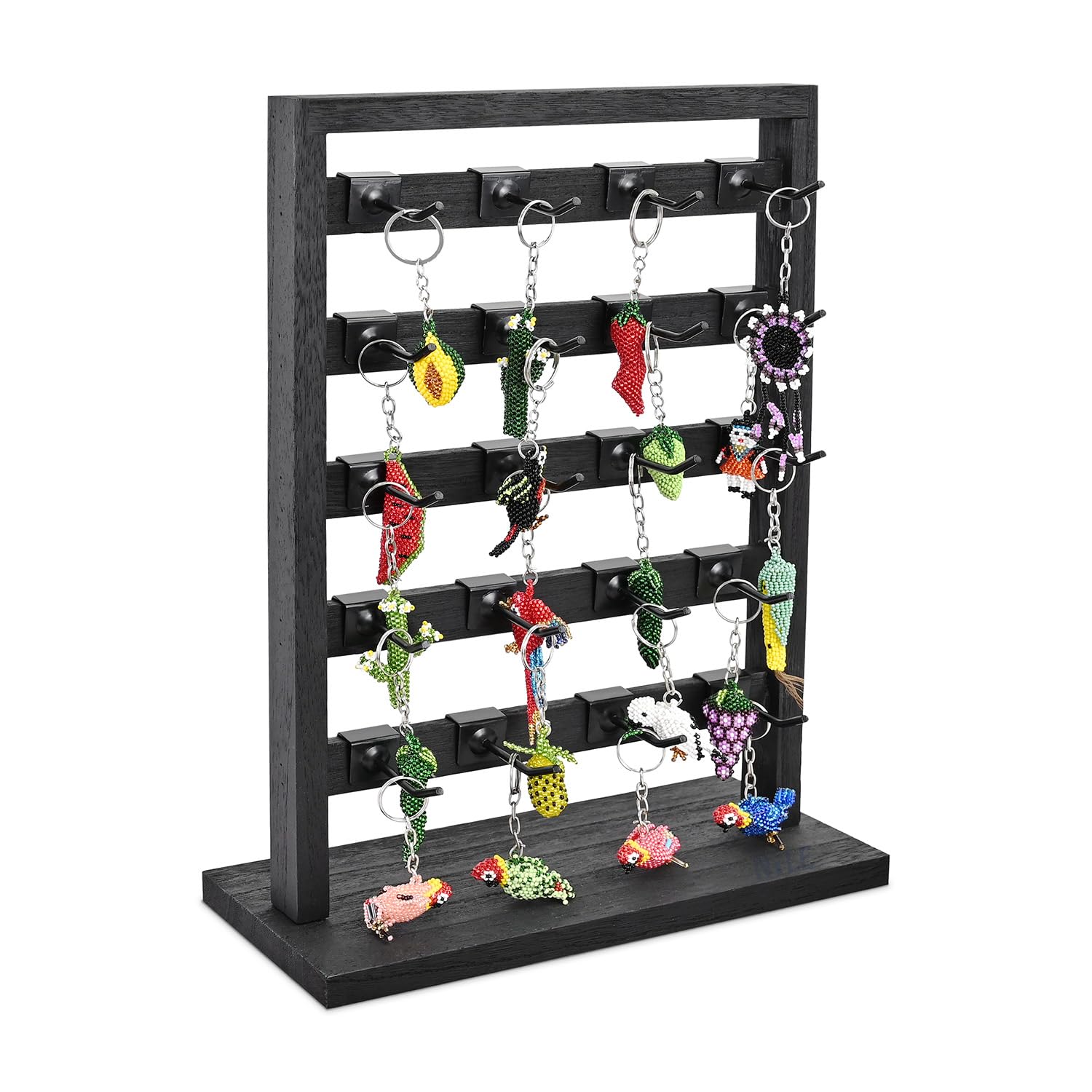 Ikee Design Wooden Jewelry Display Rack with 20 Removable Metal Hooks,Earring Card Display Stand,Jewelry Organizer,Earring Bracelet Organizer, Keychain Stand, Black Color