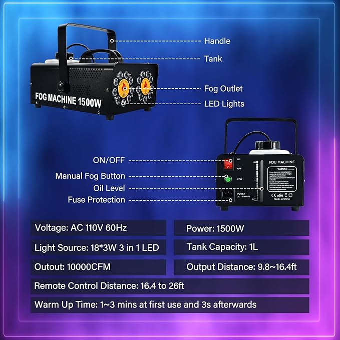 Máquina de humo 1500W con luz LED y control remoto miniatura 7