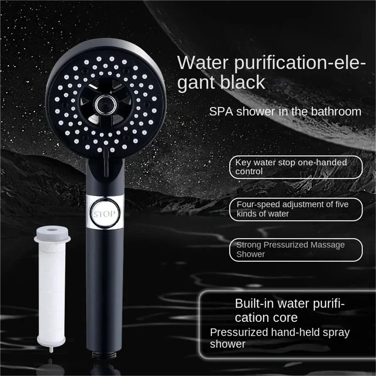 Cabezal De Ducha Ducha portátil for grifo de baño, cabezal ducha, filtro purificador agua, manguera alta presión, perilla lluvia Para BañO En Casa(Black)