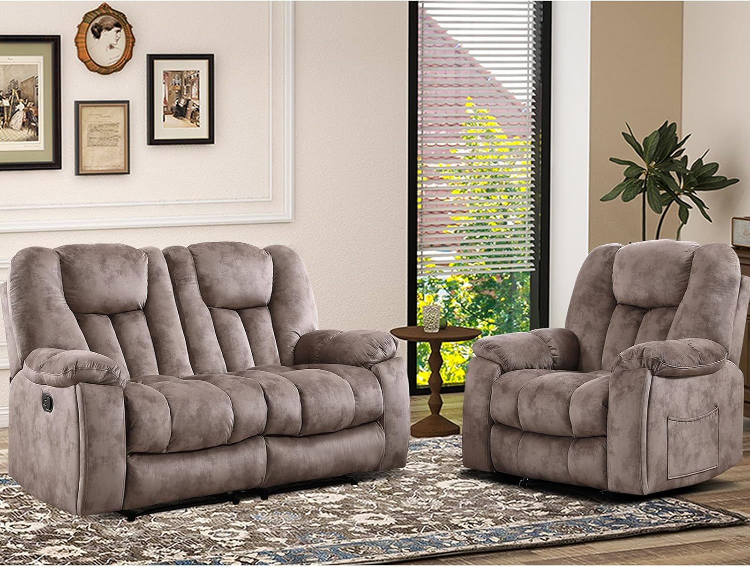 EBELLO 2 Piece Reclining Living Room Set, Soft Fabric Manual Recliner Sofa Set, Included Recline Chair with Massage and Heat and Loveseat Daul Recliner, Light Brown