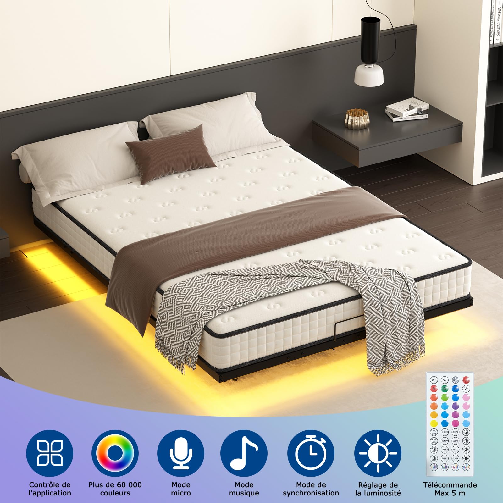 DEWINNER 140 x 200 Matelas à mémoire de Forme et Cadre de Lit LED avec Sommier,22 cm Épaisseur,Parfait Soutien Haute Resilience Ultra Respirante,Matelas réversible à Deux Faces entièrement utilisables