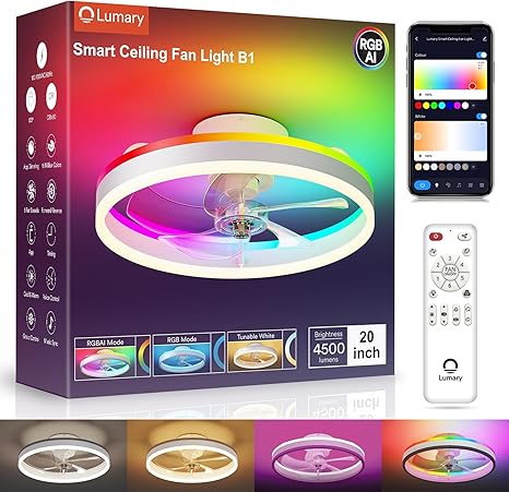 Lumary Smart WiFi Ceiling Fans with Lights, RGBAI Flush Mount Ceiling Fans with Lights and Remote, Dual Lighting Mode Modern LED Low Profile Ceiling Fan for Bedroom Works with Alexa Google, 20in White