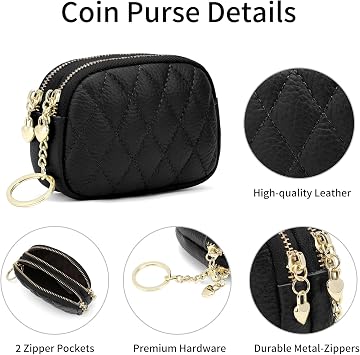 SENDEFN Women's Coin Purse Genuine Leather Wallet Small 2 Zippers Change Pouch Purse with Keychain Ring