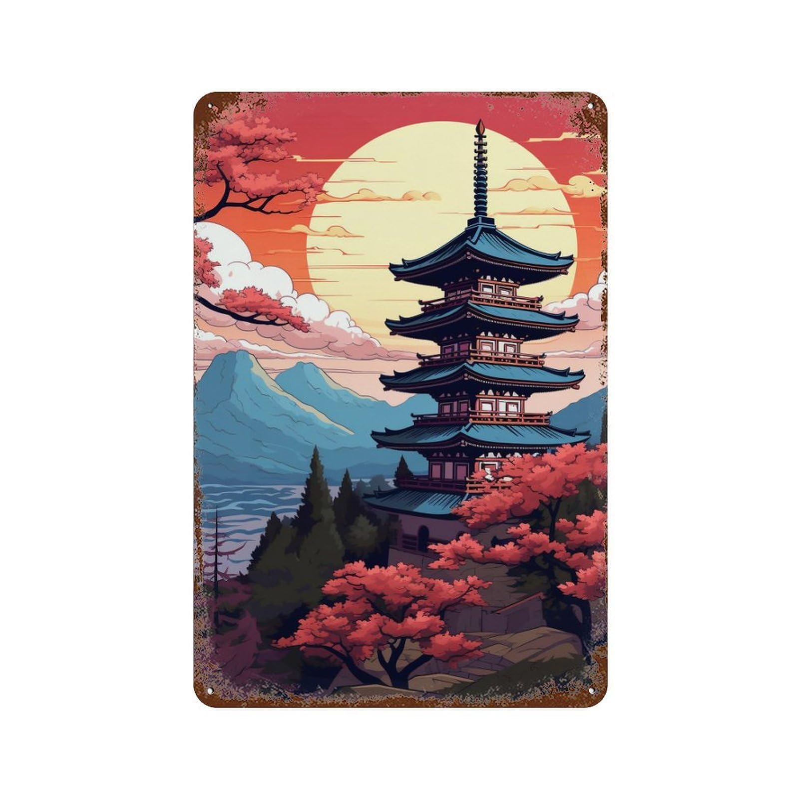 Distressed Metal Wall Sign with Japanese Pagoda Sunset Landscape Design 11.8"x7.9", for Cafe, Home Bar And Lounge Decor, Retro Wall Decor