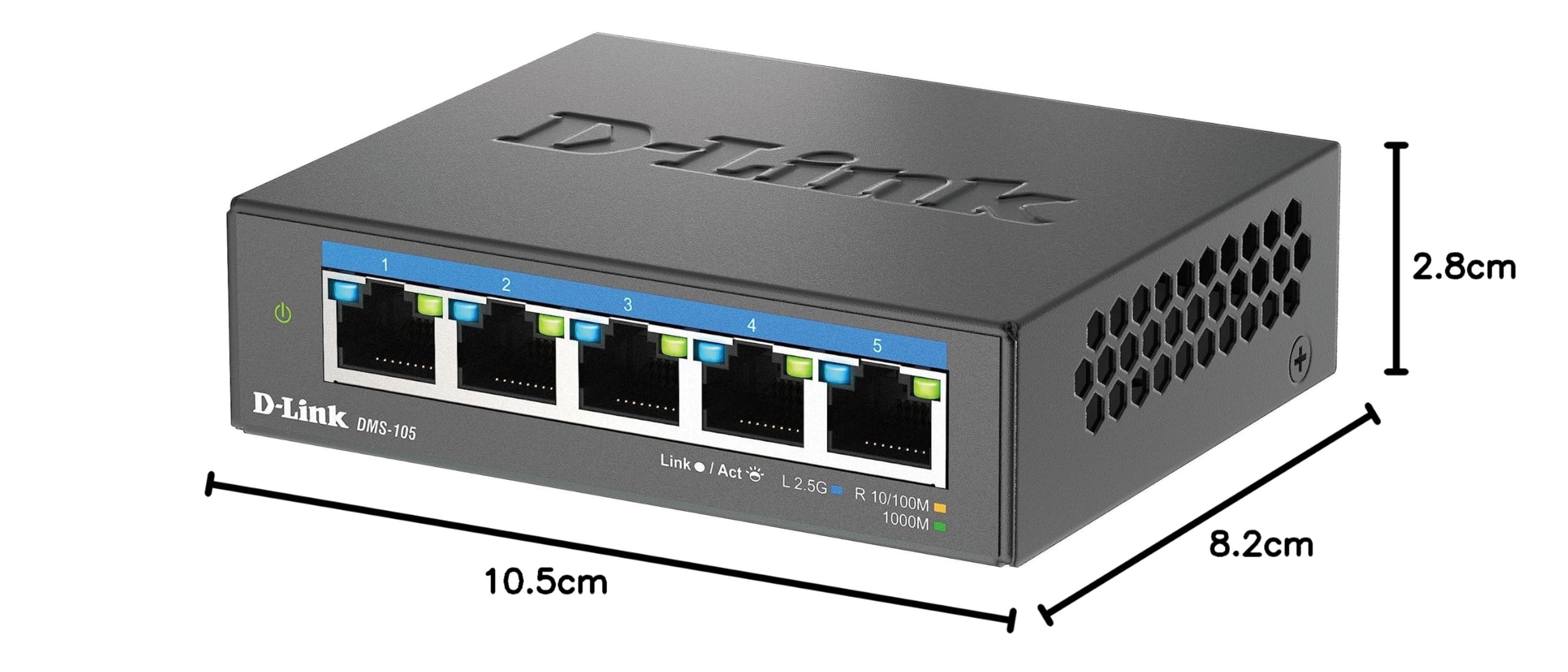 D-Link DMS-105 Switch desktop non gestito multi-gigabit a 5 porte 2.5G con cinque porte da 2,5 Gigabit, senza ventola, a basso profilo, compatto, alloggiamento in metallo, QoS, Plug and Play