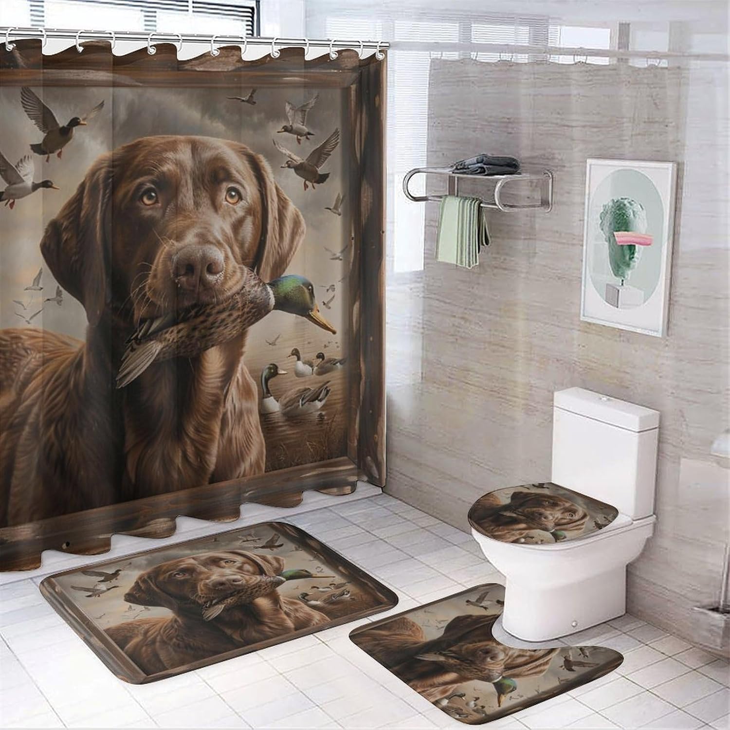 4pcs Chocolate Labrador Shower Curtain Set with Rugs, Toilet Lid Cover and Bath Mat, Mallard Duck Dog Nature Animal Bathroom Curtains Decor Shower Curtains, 72" X 72"