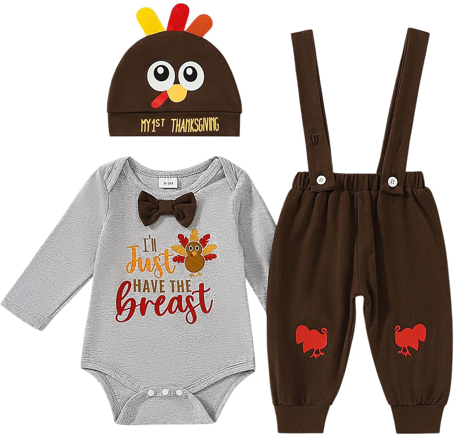 Baby Boy Thanksgiving Outfit Turkey Romper+Suspender Pants My 1st Thanksgiving Clothes