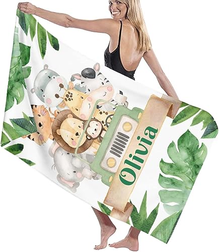 Miniatura 2 de WOWPersonalTailor Personalized Beach Towel with Name for Woman Man Kids Custom Microfiber Quick Dry Towel Blanket 30 x 60 inch Leaves Green Elephant
