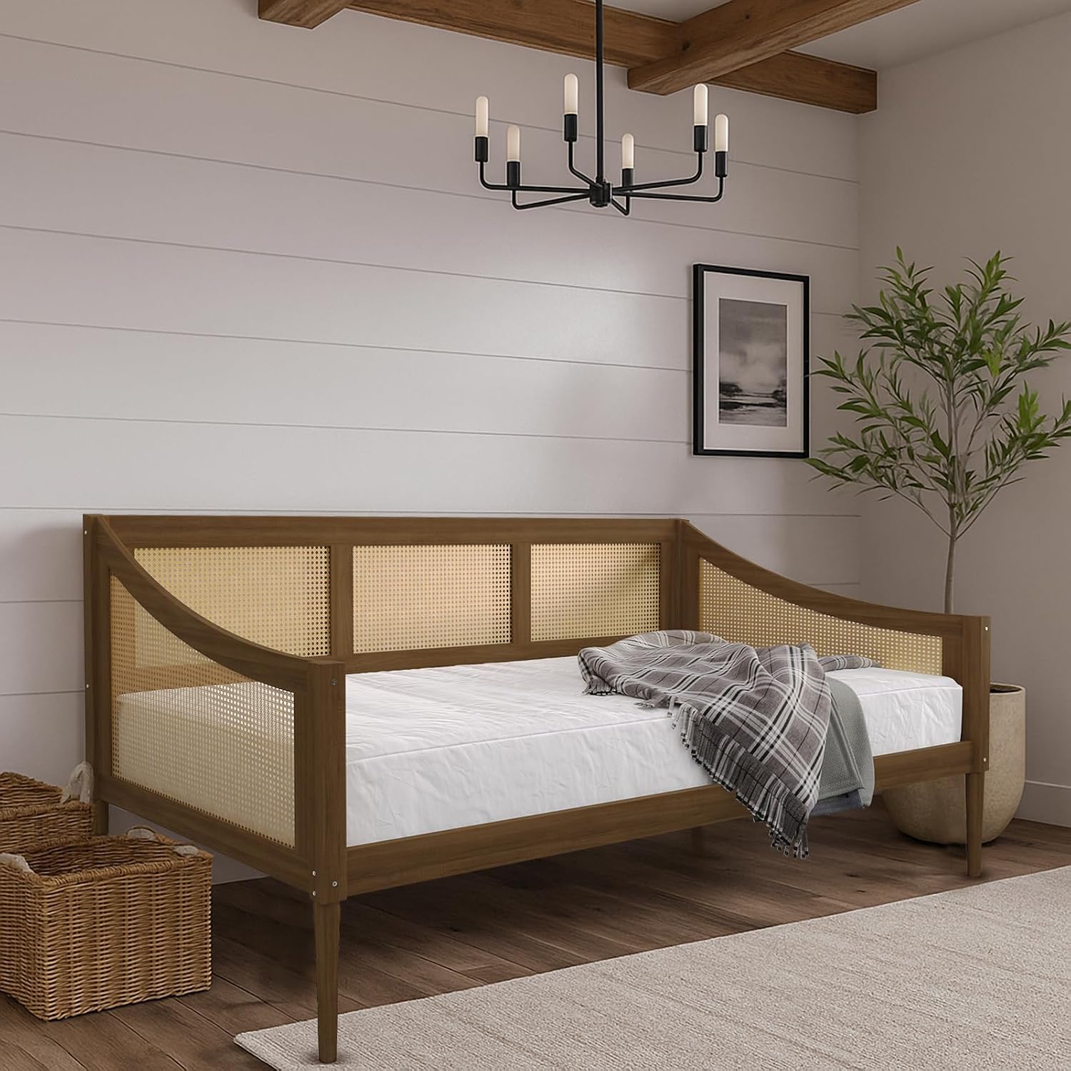 HOME DESIGN Elko Twin Daybed with Natural Wood Grain Frame and Rattan Accents, Solid Wood, Brown