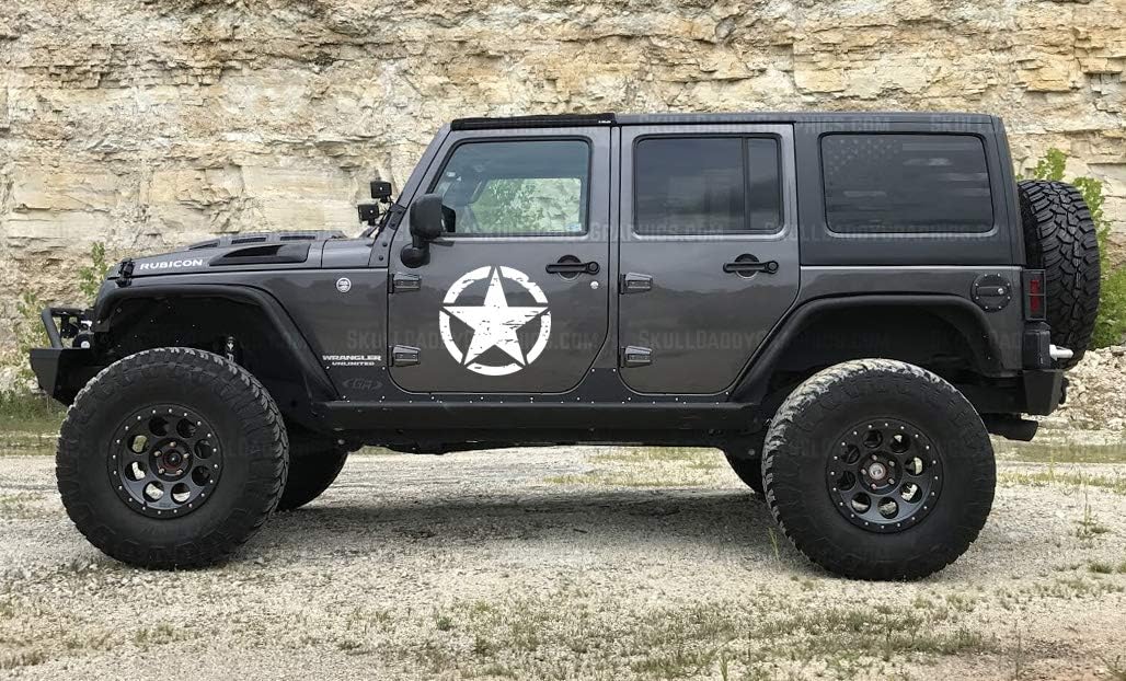 USA Distressed Military Star Decals Stickers to fit Jeep Wrangler Grand Cherokee JK JL XJ (Metallic Silver, 22.5")