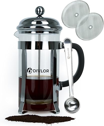 Cafetera de prensa francesa, 34 onzas, 8 tazas, cuchara de clip y 2 filtros adicionales incluidos Divlor